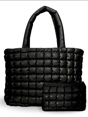 NWOT Quilted Puffer Tote Bag with Matching Pouch - Black
